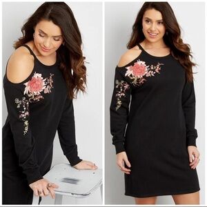 Maurice Cold Shoulder Floral Embroidered Black Dress